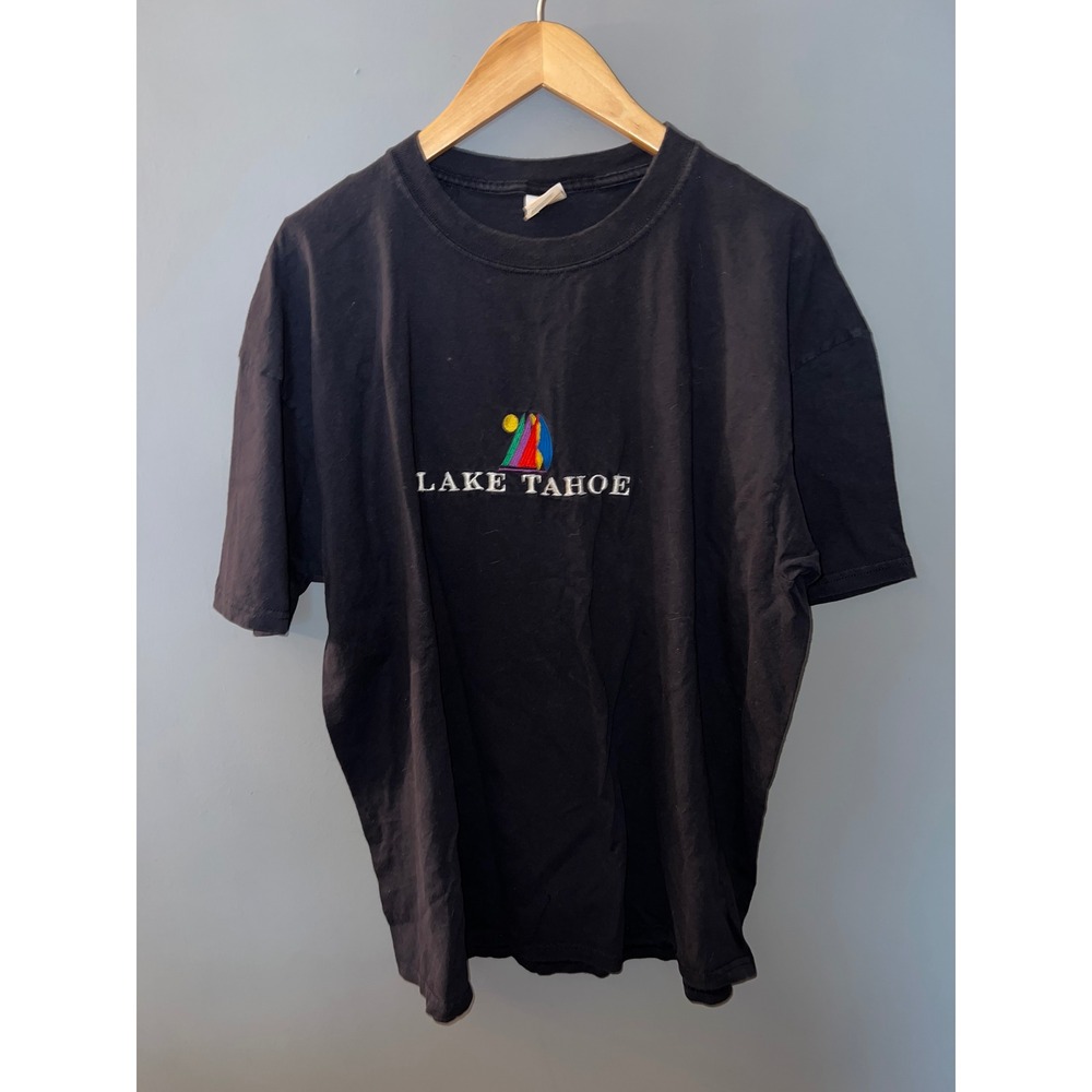 Vintage Anvil Lake Tahoe Embroidered T-Shirt Black Cotton 2XL Mens Graphic Tee
